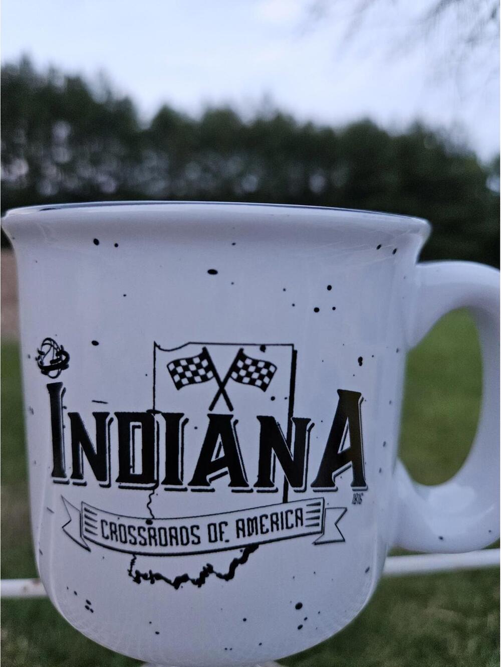 Indiana Crossroads of America 1816 Speckled Campfire Style Mug